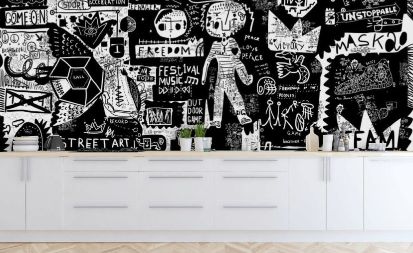 papel pintado de graffiti personalizable en blanco y negro llamado Graffiti, blanco y negro para el dormitorio de un adolescente