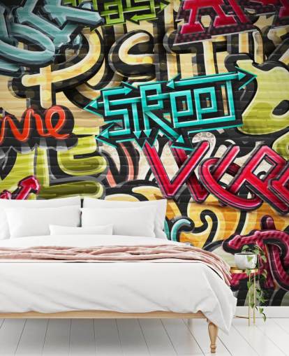 mural colorido de papel de parede de grafite personalizado chamado Graffiti - Rua para quarto de adolescente mural colorido de papel de parede de grafite personalizado chamado Graffiti - Rua para quarto de adolescente
