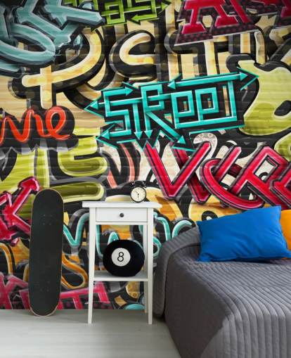 kleurrijke op maat gemaakte graffitibehangmuurschildering genaamd Graffiti - Straat voor tienerkamer