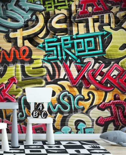 kleurrijke op maat gemaakte graffitibehangmuurschildering genaamd Graffiti - Straat voor tienerkamer