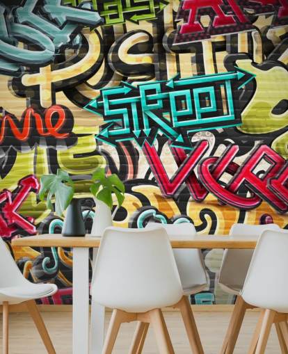 kleurrijke op maat gemaakte graffitibehangmuurschildering genaamd Graffiti - Straat voor tienerkamer kleurrijke op maat gemaakte graffitibehangmuurschildering genaamd Graffiti - Straat voor tienerkamer