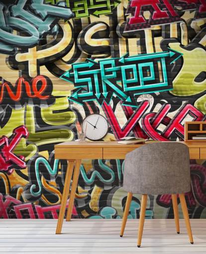 kleurrijke op maat gemaakte graffitibehangmuurschildering genaamd Graffiti - Straat voor tienerkamer