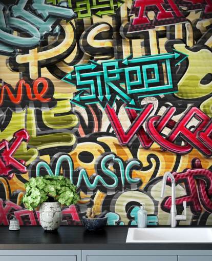 farverigt brugerdefineret graffiti tapetmaleri kaldet Graffiti - Gade til teenagerens soveværelse