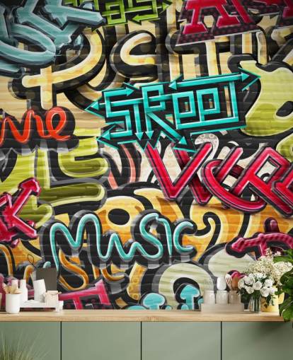 carta da parati murale colorata personalizzata con graffiti chiamata Graffiti - Street for teen's bedroom carta da parati murale colorata personalizzata con graffiti chiamata Graffiti - Street for teen's bedroom