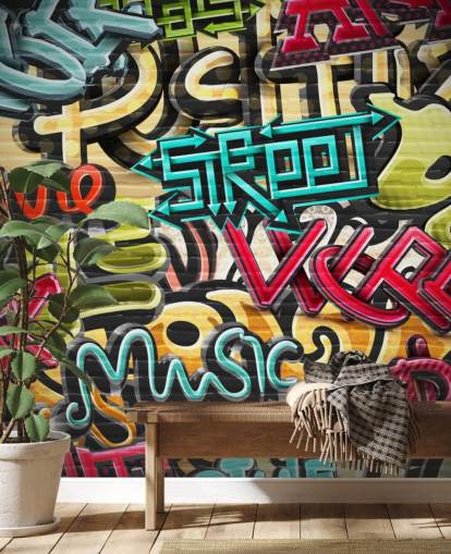 kleurrijke op maat gemaakte graffitibehangmuurschildering genaamd Graffiti - Straat voor tienerkamer kleurrijke op maat gemaakte graffitibehangmuurschildering genaamd Graffiti - Straat voor tienerkamer