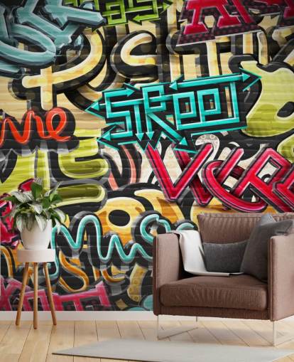 kleurrijke op maat gemaakte graffitibehangmuurschildering genaamd Graffiti - Straat voor tienerkamer kleurrijke op maat gemaakte graffitibehangmuurschildering genaamd Graffiti - Straat voor tienerkamer