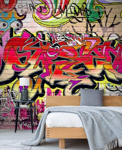 rosafarbenes, orangefarbenes und gelbes individuelles Graffiti-Tapeten-Wandbild namens Graffiti Wall für Kinderzimmer