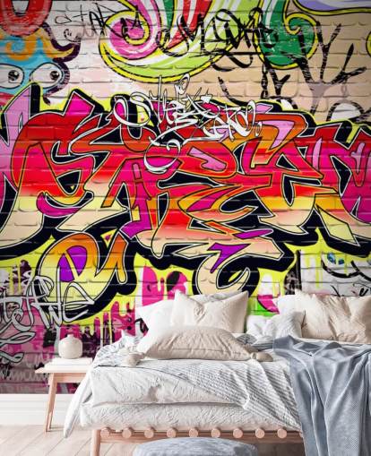 rosafarbenes, orangefarbenes und gelbes individuelles Graffiti-Tapeten-Wandbild namens Graffiti Wall für Kinderzimmer