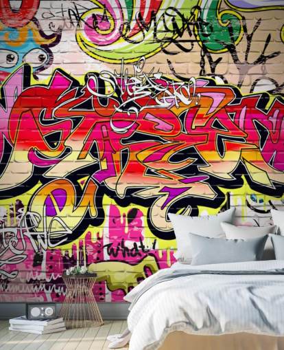 mural de papel de parede de grafite personalizado rosa, laranja e amarelo chamado Graffiti Wall para quartos infantis