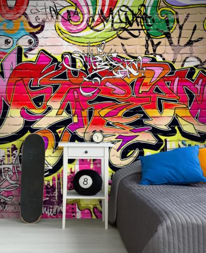 carta da parati murale personalizzata con graffiti rosa, arancione e giallo chiamata Graffiti Wall per camerette per bambini