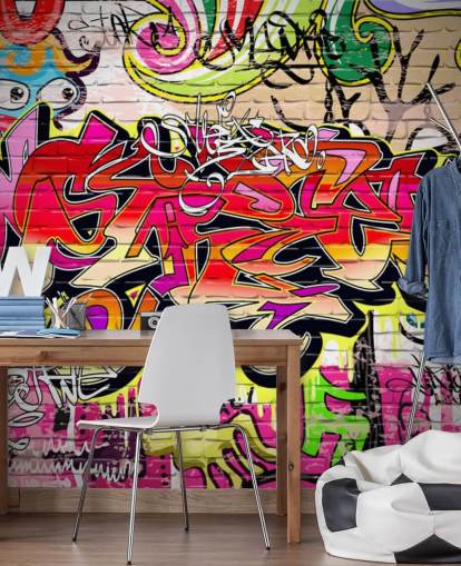 carta da parati murale personalizzata con graffiti rosa, arancione e giallo chiamata Graffiti Wall per camerette per bambini