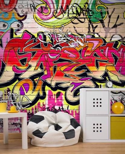 rosa, orange och gul anpassad graffiti tapetväggmålning kallad Graffiti Wall för barns sovrum rosa, orange och gul anpassad graffiti tapetväggmålning kallad Graffiti Wall för barns sovrum