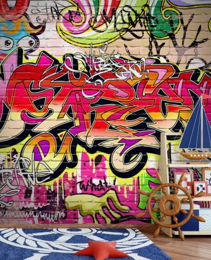 carta da parati murale personalizzata con graffiti rosa, arancione e giallo chiamata Graffiti Wall per camerette per bambini
