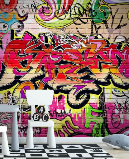 carta da parati murale personalizzata con graffiti rosa, arancione e giallo chiamata Graffiti Wall per camerette per bambini
