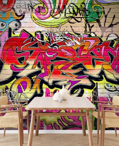 lyserød, orange og gul brugerdefineret graffiti tapetmaleri kaldet Graffiti Wall til børns soveværelser