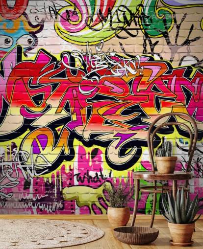 rosafarbenes, orangefarbenes und gelbes individuelles Graffiti-Tapeten-Wandbild namens Graffiti Wall für Kinderzimmer rosafarbenes, orangefarbenes und gelbes individuelles Graffiti-Tapeten-Wandbild namens Graffiti Wall für Kinderzimmer