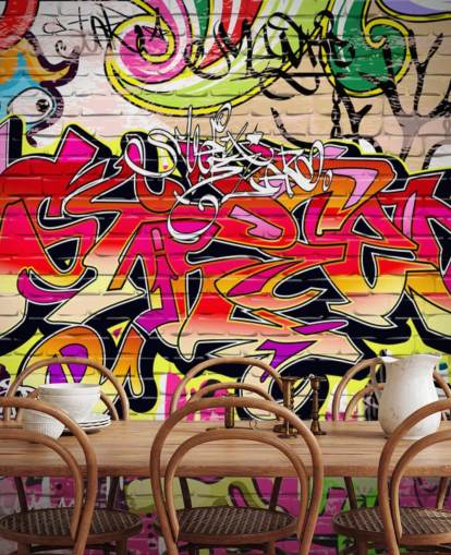 carta da parati murale personalizzata con graffiti rosa, arancione e giallo chiamata Graffiti Wall per camerette per bambini