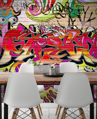 rosa, orange och gul anpassad graffiti tapetväggmålning kallad Graffiti Wall för barns sovrum