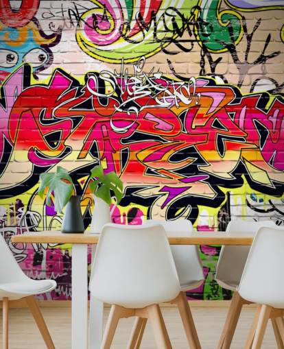 mural de papel de parede de grafite personalizado rosa, laranja e amarelo chamado Graffiti Wall para quartos infantis mural de papel de parede de grafite personalizado rosa, laranja e amarelo chamado Graffiti Wall para quartos infantis