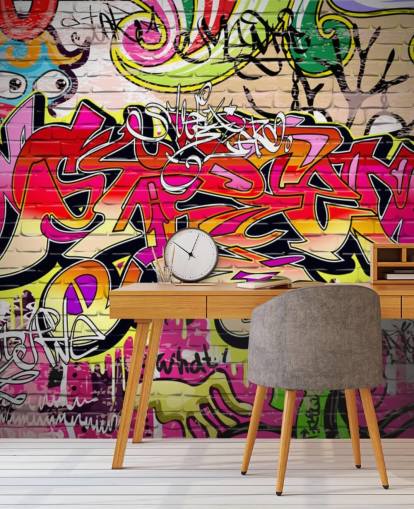 rosafarbenes, orangefarbenes und gelbes individuelles Graffiti-Tapeten-Wandbild namens Graffiti Wall für Kinderzimmer