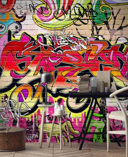 vaaleanpunainen, oranssi ja keltainen mukautettu graffiti-taustakuvamaalaus nimeltä Graffiti Wall lasten makuuhuoneisiin