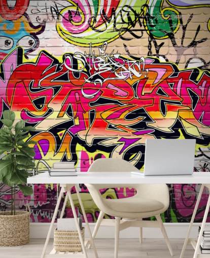 vaaleanpunainen, oranssi ja keltainen mukautettu graffiti-taustakuvamaalaus nimeltä Graffiti Wall lasten makuuhuoneisiin