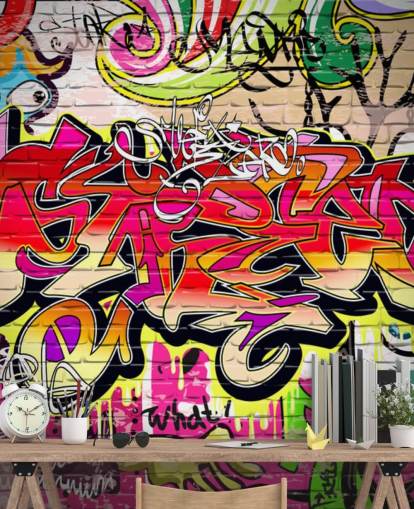pink, orange and yellow custom graffiti wallpaper mural called Graffiti Wall for kid's bedrooms