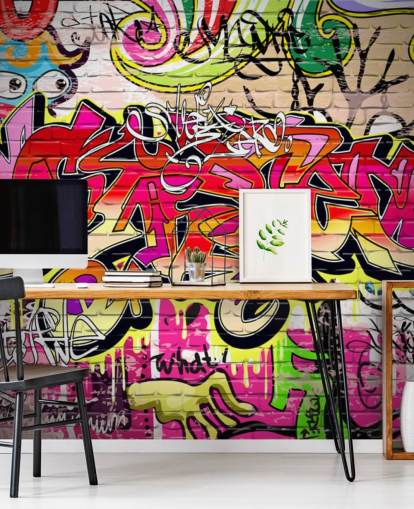 pink, orange and yellow custom graffiti wallpaper mural called Graffiti Wall for kid's bedrooms