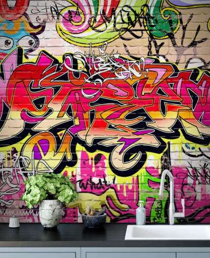 roze, oranje en gele op maat gemaakte graffitibehangmuurschildering genaamd Graffiti Wall voor kinderkamers roze, oranje en gele op maat gemaakte graffitibehangmuurschildering genaamd Graffiti Wall voor kinderkamers