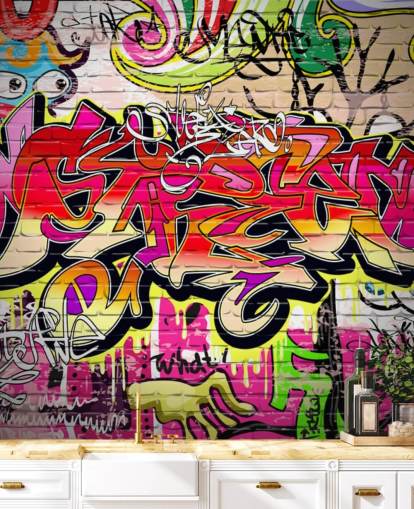 mural de papel de parede de grafite personalizado rosa, laranja e amarelo chamado Graffiti Wall para quartos infantis