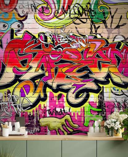 pink, orange and yellow custom graffiti wallpaper mural called Graffiti Wall for kid's bedrooms