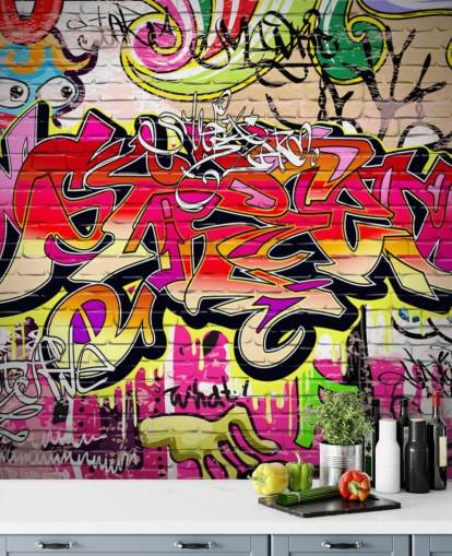 rosa, orange och gul anpassad graffiti tapetväggmålning kallad Graffiti Wall för barns sovrum