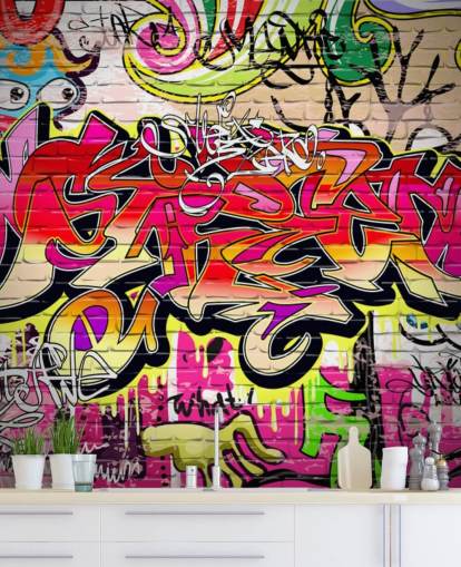 rosafarbenes, orangefarbenes und gelbes individuelles Graffiti-Tapeten-Wandbild namens Graffiti Wall für Kinderzimmer