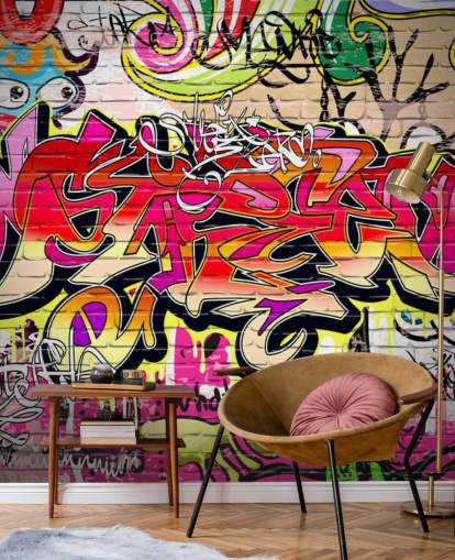 roze, oranje en gele op maat gemaakte graffitibehangmuurschildering genaamd Graffiti Wall voor kinderkamers roze, oranje en gele op maat gemaakte graffitibehangmuurschildering genaamd Graffiti Wall voor kinderkamers
