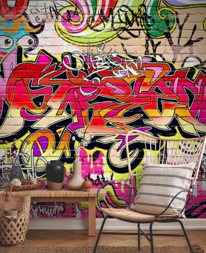 pink, orange and yellow custom graffiti wallpaper mural called Graffiti Wall for kid's bedrooms