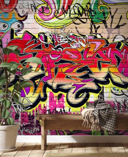 carta da parati murale personalizzata con graffiti rosa, arancione e giallo chiamata Graffiti Wall per camerette per bambini