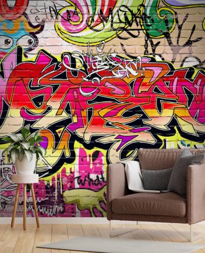 vaaleanpunainen, oranssi ja keltainen mukautettu graffiti-taustakuvamaalaus nimeltä Graffiti Wall lasten makuuhuoneisiin