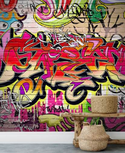 mural de papel de parede de grafite personalizado rosa, laranja e amarelo chamado Graffiti Wall para quartos infantis mural de papel de parede de grafite personalizado rosa, laranja e amarelo chamado Graffiti Wall para quartos infantis