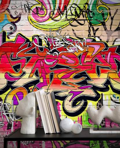 rosa, orange och gul anpassad graffiti tapetväggmålning kallad Graffiti Wall för barns sovrum