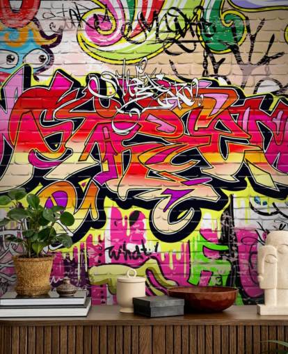 pink, orange and yellow custom graffiti wallpaper mural called Graffiti Wall for kid's bedrooms