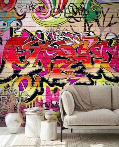 pink, orange and yellow custom graffiti wallpaper mural called Graffiti Wall for kid's bedrooms