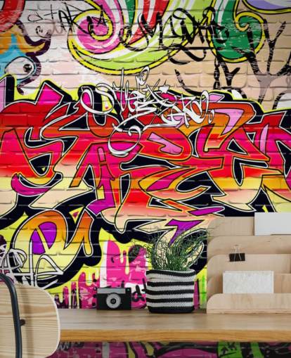 rosa, orange och gul anpassad graffiti tapetväggmålning kallad Graffiti Wall för barns sovrum rosa, orange och gul anpassad graffiti tapetväggmålning kallad Graffiti Wall för barns sovrum