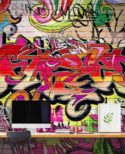 vaaleanpunainen, oranssi ja keltainen mukautettu graffiti-taustakuvamaalaus nimeltä Graffiti Wall lasten makuuhuoneisiin