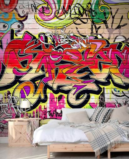 papier peint graffiti personnalisé rose, orange et jaune appelé Graffiti Wall pour chambres d'enfants