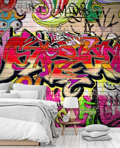 rosafarbenes, orangefarbenes und gelbes individuelles Graffiti-Tapeten-Wandbild namens Graffiti Wall für Kinderzimmer