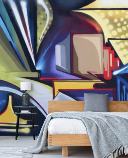 mural de papel pintado de graffiti personalizable azul y dorado llamado Graffiti Zone para dormitorios