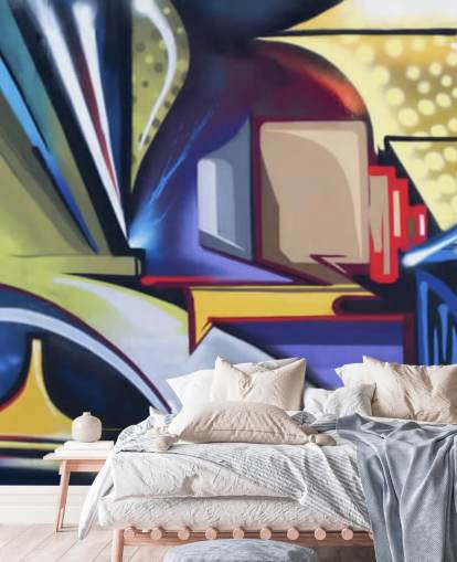 mural de papel pintado de graffiti personalizable azul y dorado llamado Graffiti Zone para dormitorios