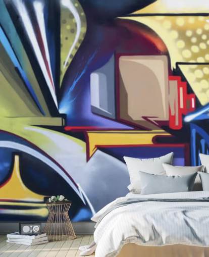 mural de papel pintado de graffiti personalizable azul y dorado llamado Graffiti Zone para dormitorios