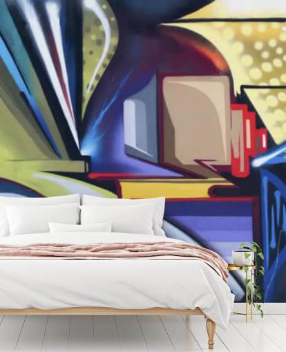 carta da parati murale con graffiti personalizzabile blu e oro chiamata Graffiti Zone per camere da letto