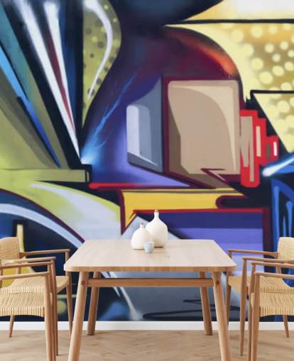 mural de papel de parede de grafite personalizável azul e dourado chamado Graffiti Zone para quartos mural de papel de parede de grafite personalizável azul e dourado chamado Graffiti Zone para quartos